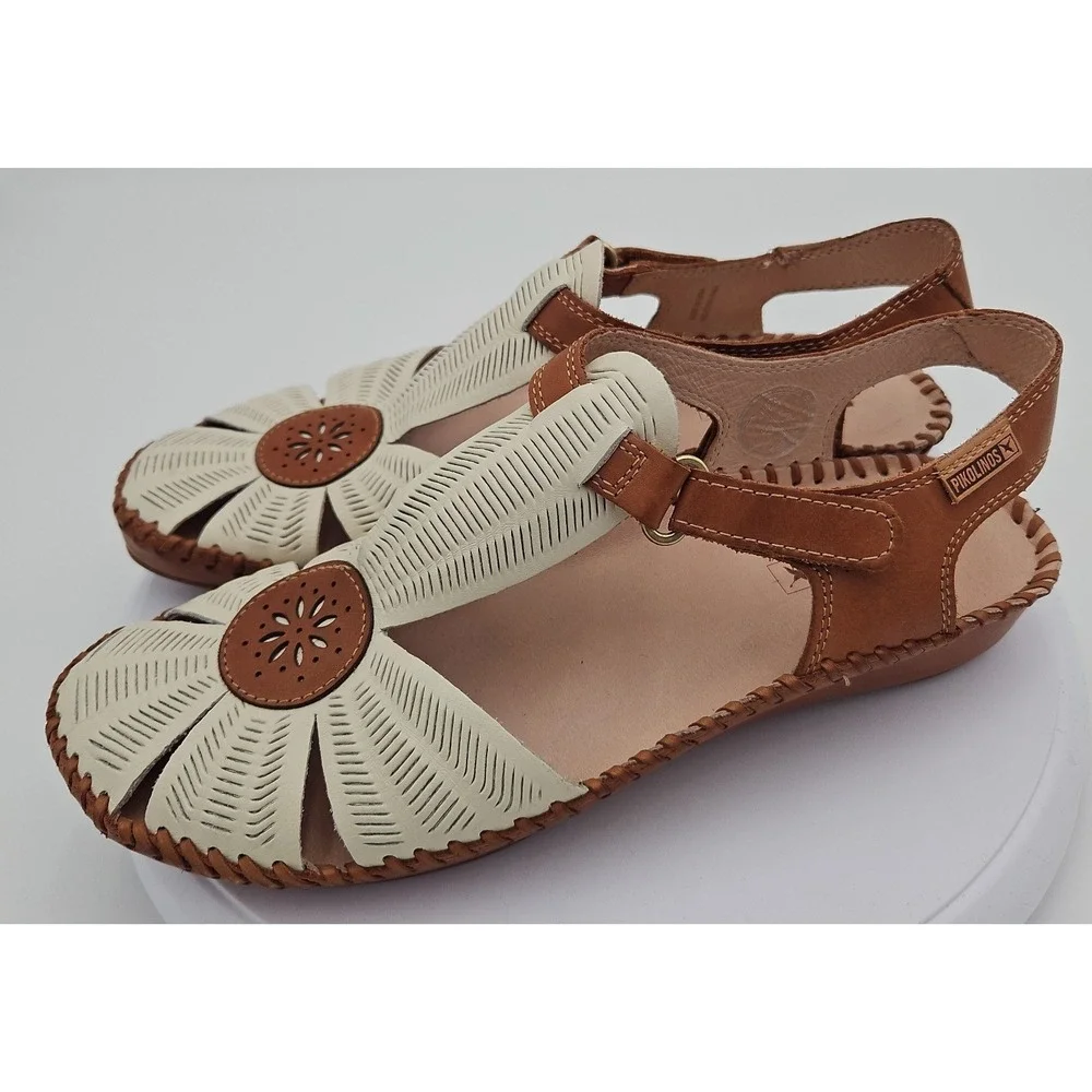 Pikolinos P. Vallarta Cream Brown Sandal Sz 9-9.5 Boho Mary Jane Cottagecore EUC